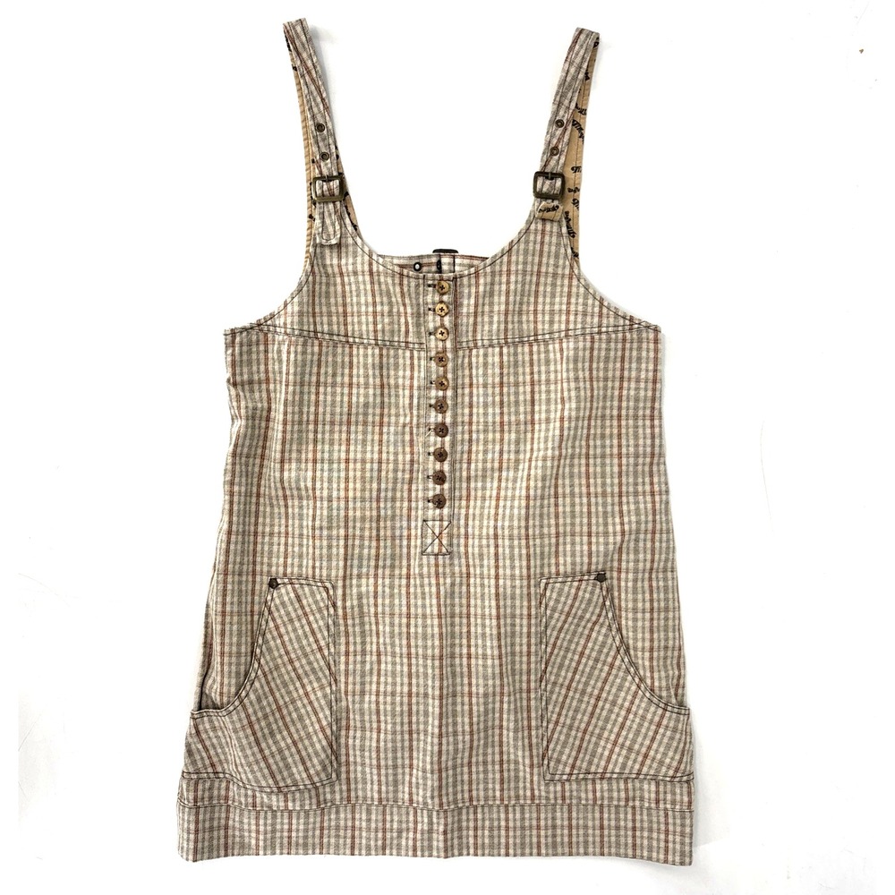 Plaid Jumper Overall Dress Sz L Vintage Style Brown Buckle Straps Pockets‎ 70s